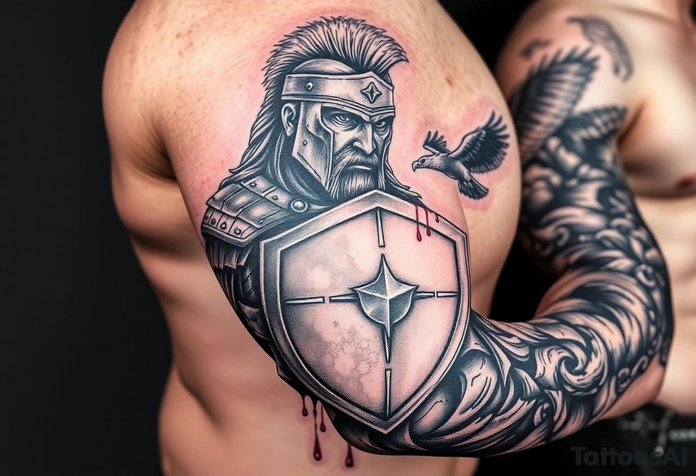 a warrior with a shield with blood dripping & a vulture bird flying in the sky tattoo idea