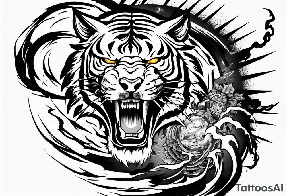 tiger warrior with lightning and the sun for a forearm sleeve tattoo idea