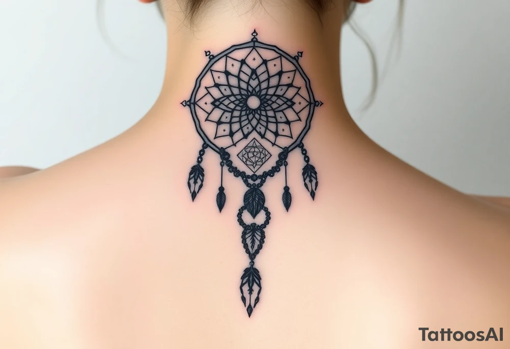 Dreamcatcher with zodiac symbols and protection runes caught in it with wolf teal tattoo idea