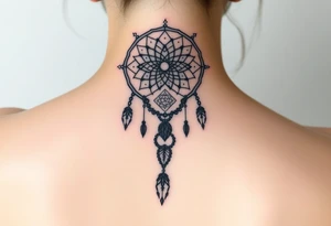 Dreamcatcher with zodiac symbols and protection runes caught in it with wolf teal tattoo idea