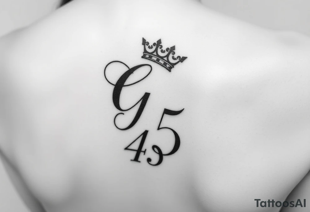 Capital G letter handwritten script with a crown tilted to the left on the front right shoulder on top of a number 45 tattoo idea
