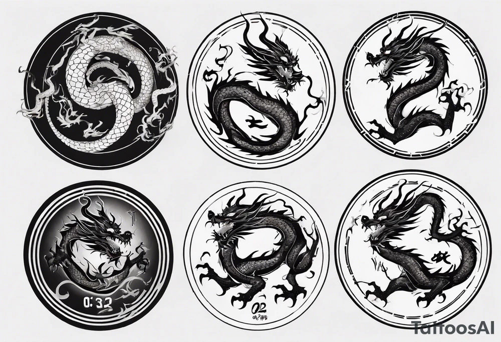 Chinese dragon in a circular shape with "02.03" written on its skin tattoo idea