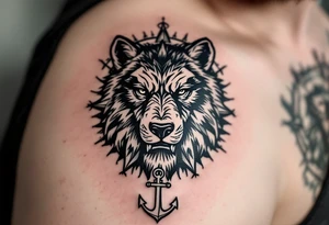 1/3wolf 1/3bear 1/3 lion surrounded by a compass with a small anchor on bottom. for sleeve tattoo idea