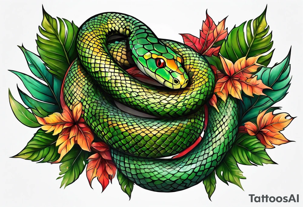 snake with leaves tattoo idea