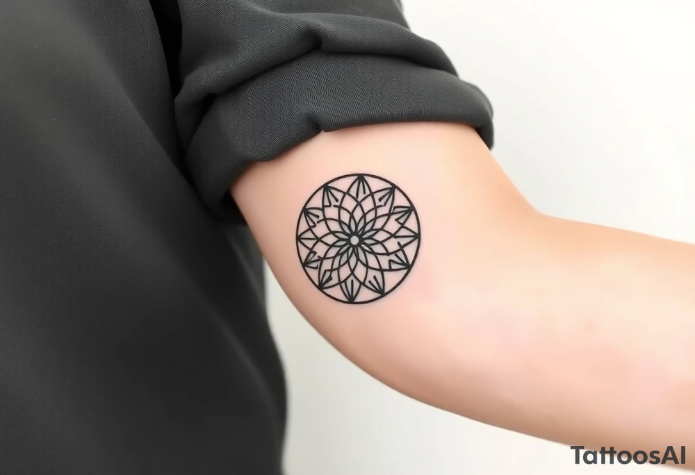 A minimalist black ink Flower of Life, centered on the forearm, with perfect geometric symmetry in cyrcle round tattoo idea