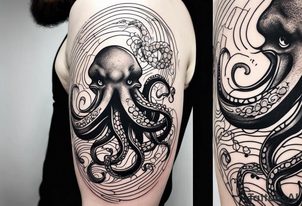 Full arm sleeve , road bicycle and octopus, black and white, color accents, fine line tattoo idea