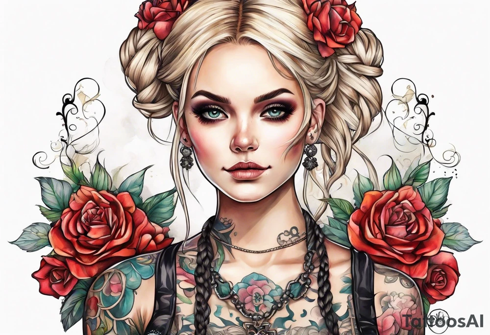 feminine skull and cross bones with blonde pigtails tattoo idea