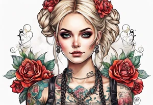 feminine skull and cross bones with blonde pigtails tattoo idea