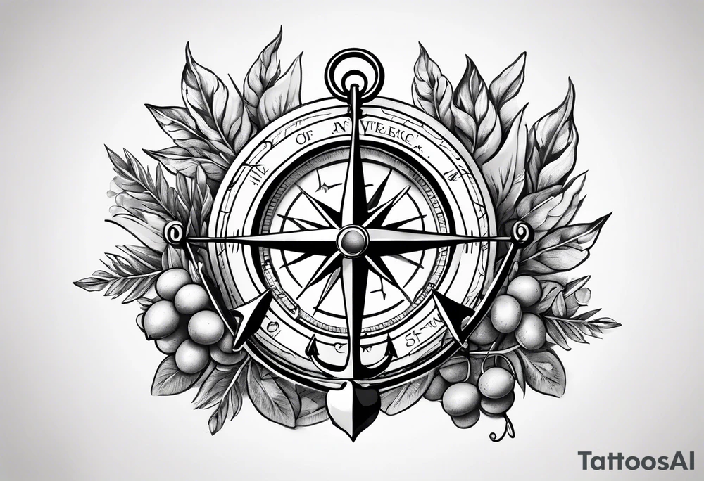 A selucid style anchor in front of a compass and a olive branch wreathe wrapped around the compass tattoo idea