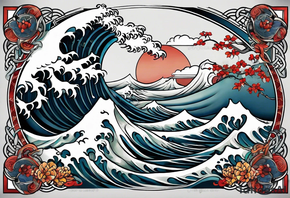 full sleeve. japanese wave mixed in celtic patterns equally. kamikaze plane tattoo idea