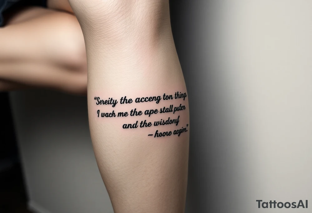 Generate a leg tattoo going horizontial down a women’s leg all the way down saying “god grant me the serenity to  accept the things I can not change courage to change the things I can and the wisdom to know the difference” put god , serenity , courage, and wisdom in red tattoo idea