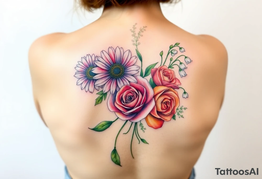 Small Bouquet of flowers starting upper middle back with long stems down spine with a aster, carnation, rose, Lily of the valley, larkspur with stems Starting upper middle back to right shoulder tattoo idea