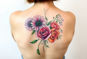 Small Bouquet of flowers starting upper middle back with long stems down spine with a aster, carnation, rose, Lily of the valley, larkspur with stems Starting upper middle back to right shoulder tattoo idea