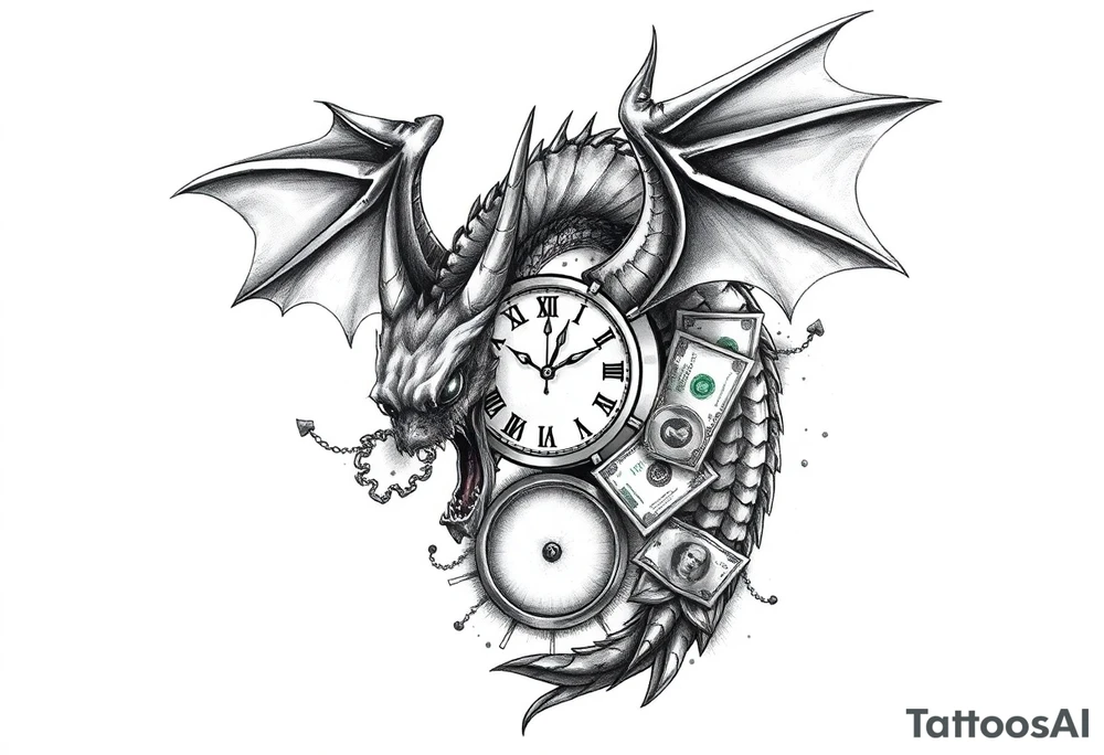 Dark dragon tattoo with clock and dollars on background tattoo idea