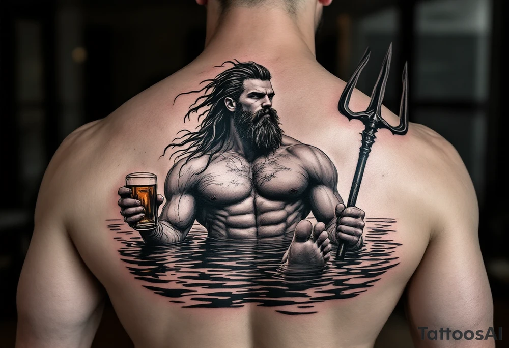 young, fit poseidon in calm water, holding a trident, drinking a beer, with foot on his bicep tattoo idea