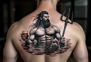 young, fit poseidon in calm water, holding a trident, drinking a beer, with foot on his bicep tattoo idea