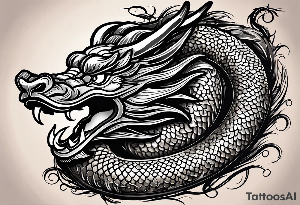 Create a detailed sketch of a Chinese dragon tattoo. The dragon should be depicted in a dynamic, serpentine pose, with its body coiled and flowing gracefully. Emphasize its ornate features: long, sinuous body covered in intricate scales, powerful claws, and a fierce, expressive face with prominent whiskers and a beard. Include traditional Chinese elements like clouds or waves to enhance the composition. Use clean lines and bold shading to ensure the design is suitable for a tattoo, with a focus on capturing the dragon's majestic and mythical qualities tattoo idea