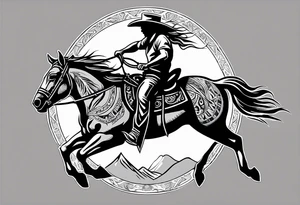 Cover up tribal sun located on right shoulder blade with a cowboy riding a bucking horse pictured inside a bull skull. Add lyrics “the devil can scrap, but the lord has won” tattoo idea