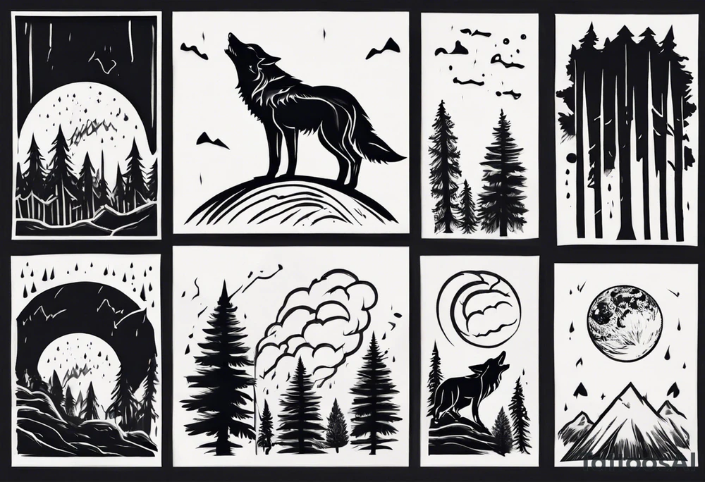 a thunderstorm over a forest and a wolf howling tattoo idea a thunderstorm over a forest and a wolf howling tattoo idea