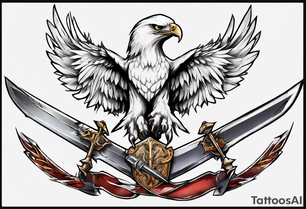 A white hawk with a sword and shield tattoo idea