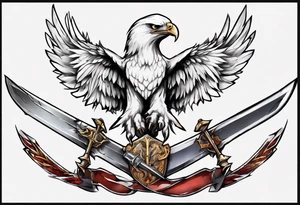 A white hawk with a sword and shield tattoo idea