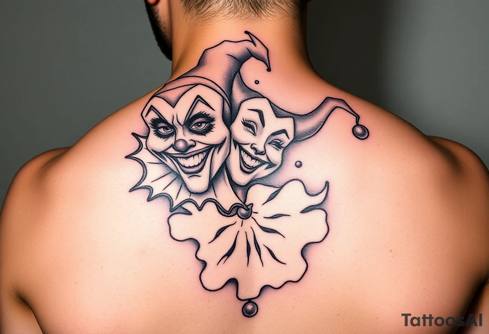 jester clown behind female jester making her smile tattoo idea