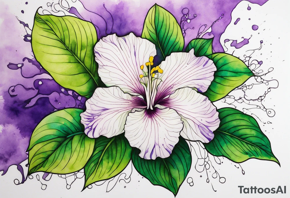 An outline of an only green rio dipladenia flower and a green and purple watercolor splash in the background tattoo idea
