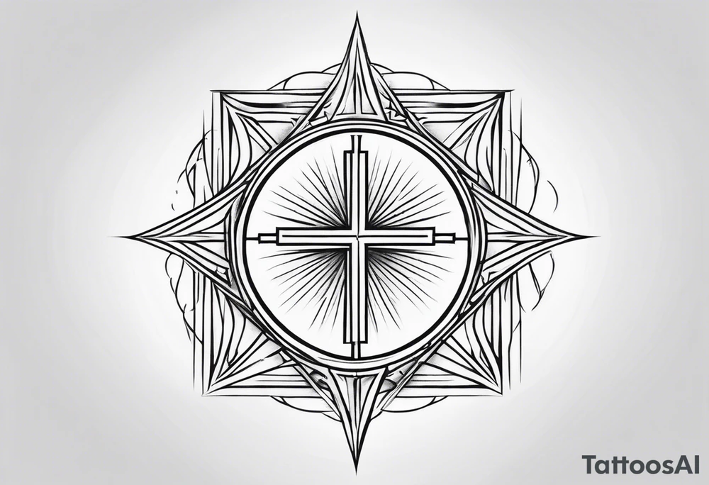 Geometric Tattoo: A refined cross with a soft halo on top of it, symbolizing light and spirituality. Delicate rays extend outward from the halo, adding a subtle glow and depth. The cross itself is simple and elegant, with potential for small, intricate line details within the design. Style: Geometric tattoo idea