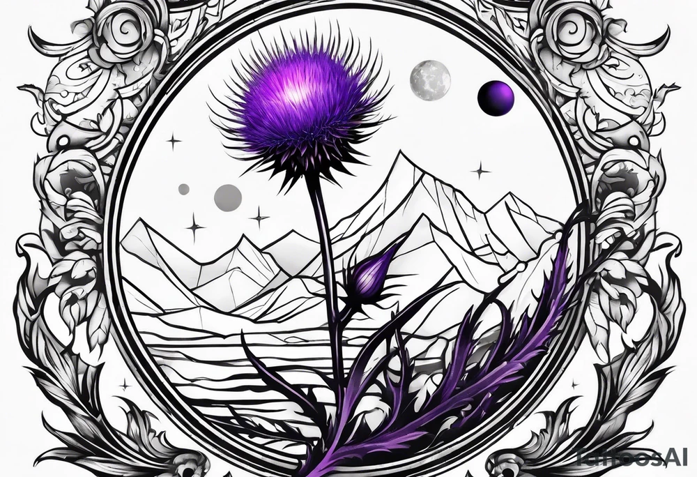 Single purple thistle with Neptune planet in the background tattoo idea