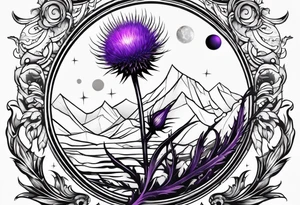 Single purple thistle with Neptune planet in the background tattoo idea
