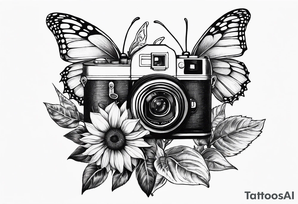 Butterfly, sunflower, camera, book, flower rose tattoo idea