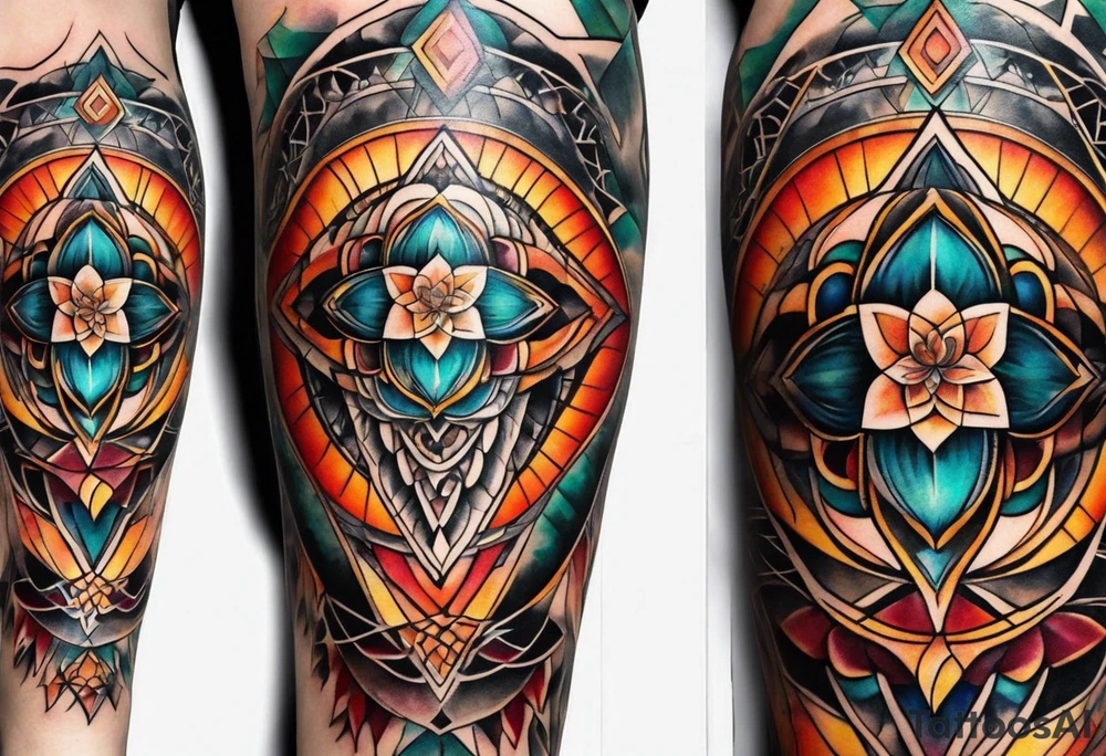 knee tattoo with sacred geometry, swirls & washes, background and in fall colors tattoo idea
