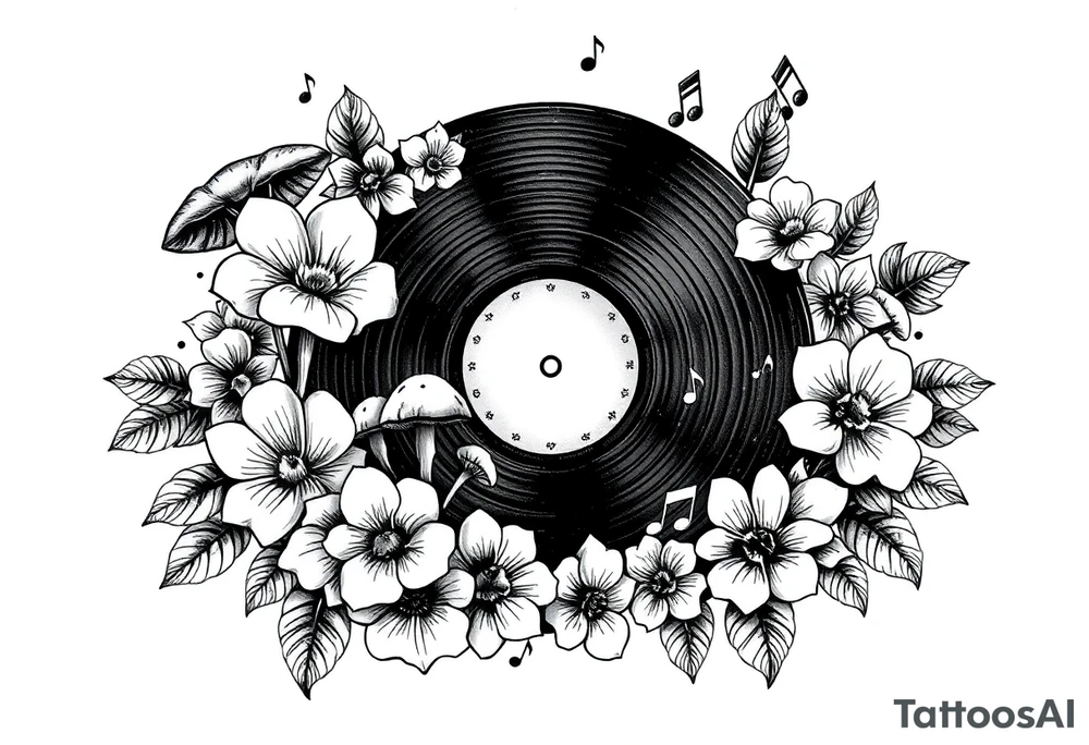 vinyl record surrounded by flowers, mushrooms, and music notes tattoo idea