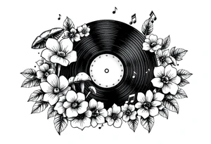 vinyl record surrounded by flowers, mushrooms, and music notes tattoo idea