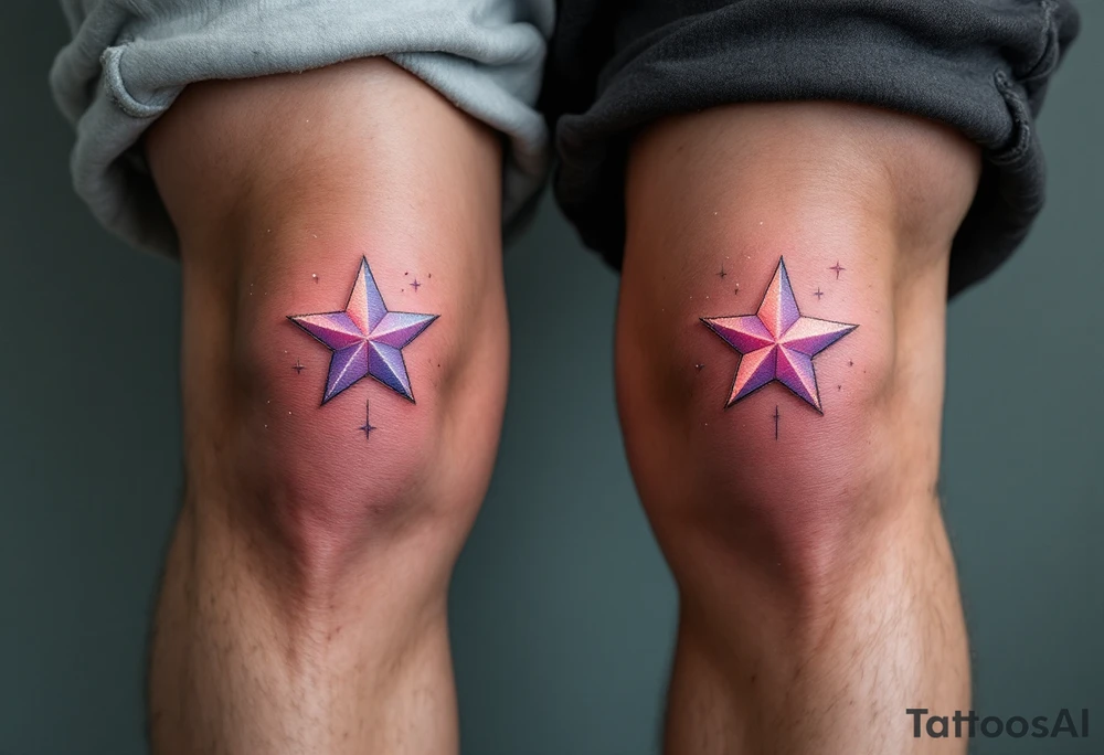 Pastel pink and lavender stars, soft and dreamy, centered on each kneecap, surrounded by faint sparkles or shimmer lines. tattoo idea