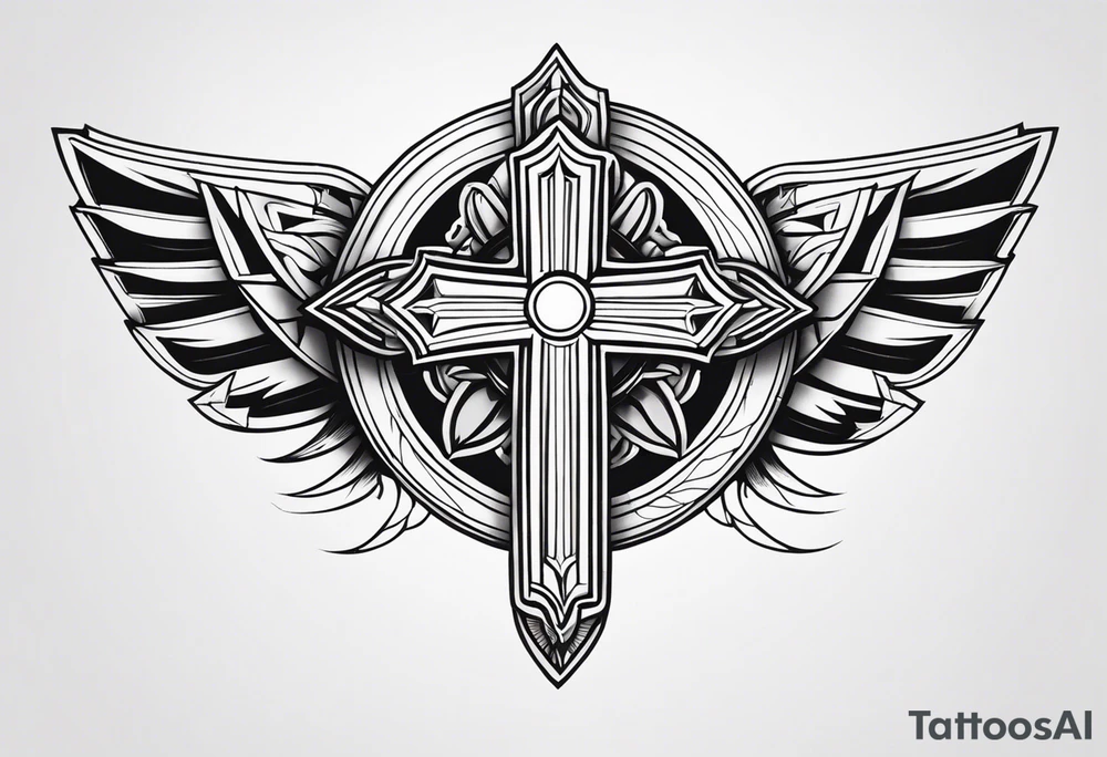 shoulder armor piece with a cross in the center and a sun on the side tattoo idea