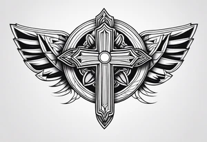 shoulder armor piece with a cross in the center and a sun on the side tattoo idea