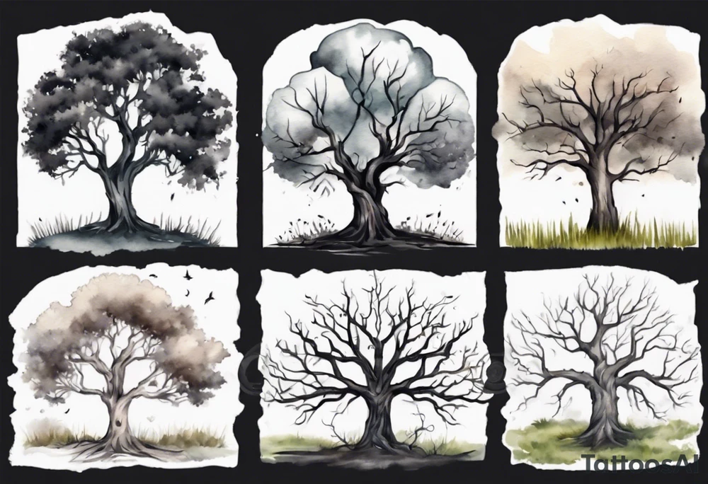 A black tree and a white tree intertwining in a field with a fence and headstones tattoo idea