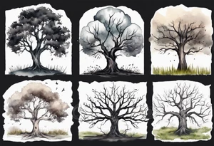 A black tree and a white tree intertwining in a field with a fence and headstones tattoo idea