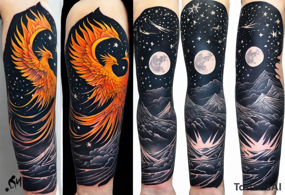 A full sleeve tattoo on ym rights arm 
showing A large phoenix over my shoulder  A person/angel flying through a starry night sky, Some witches or salem witch trial type imagery  a blacked out silhouette from a picture of my band after a show tattoo idea