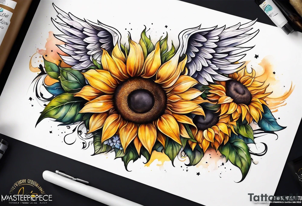 Sunflowers and angel wings leg sleeve tattoo idea