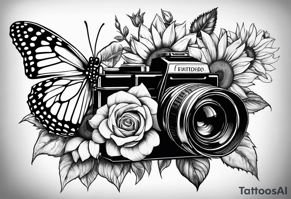 Butterfly, sunflower, camera, book, flower rose tattoo idea