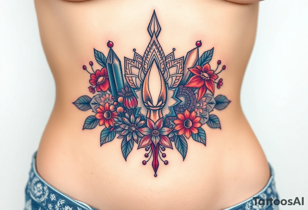 psychedelic  tattoo with crystals and  mandala style flowers and mushrooms like the second picture tattoo idea