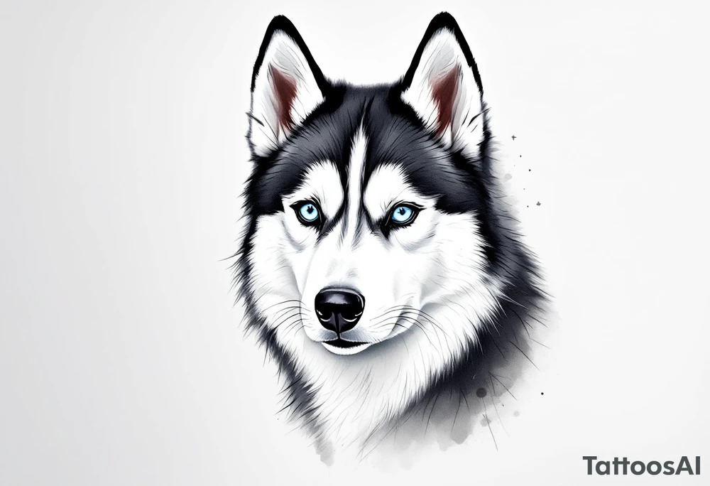 Majestic Husky Portrait – Realistic black and white husky with icy blue eyes, facing forward, detailed fur texture, with a soft gray watercolor background. tattoo idea