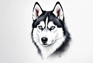 Majestic Husky Portrait – Realistic black and white husky with icy blue eyes, facing forward, detailed fur texture, with a soft gray watercolor background. tattoo idea