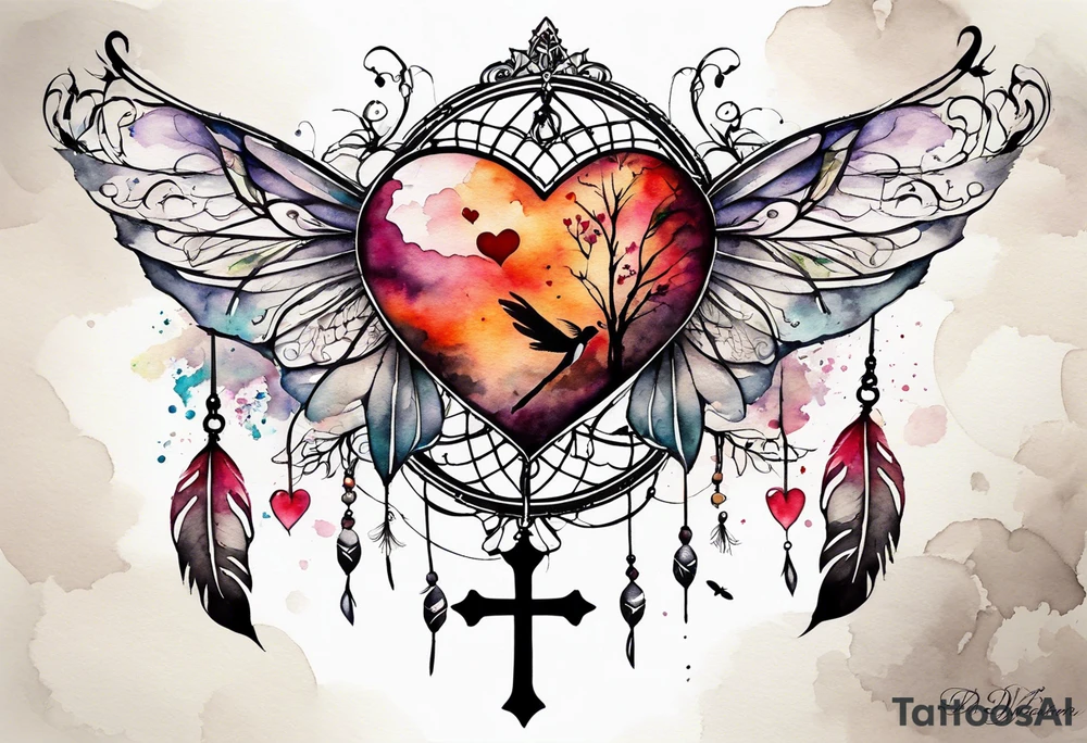 Watercolor tattoo of heart with cross going through the heart. Dragonfly flying on side with dreamcatcher tattoo idea