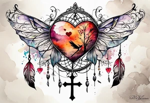 Watercolor tattoo of heart with cross going through the heart. Dragonfly flying on side with dreamcatcher tattoo idea
