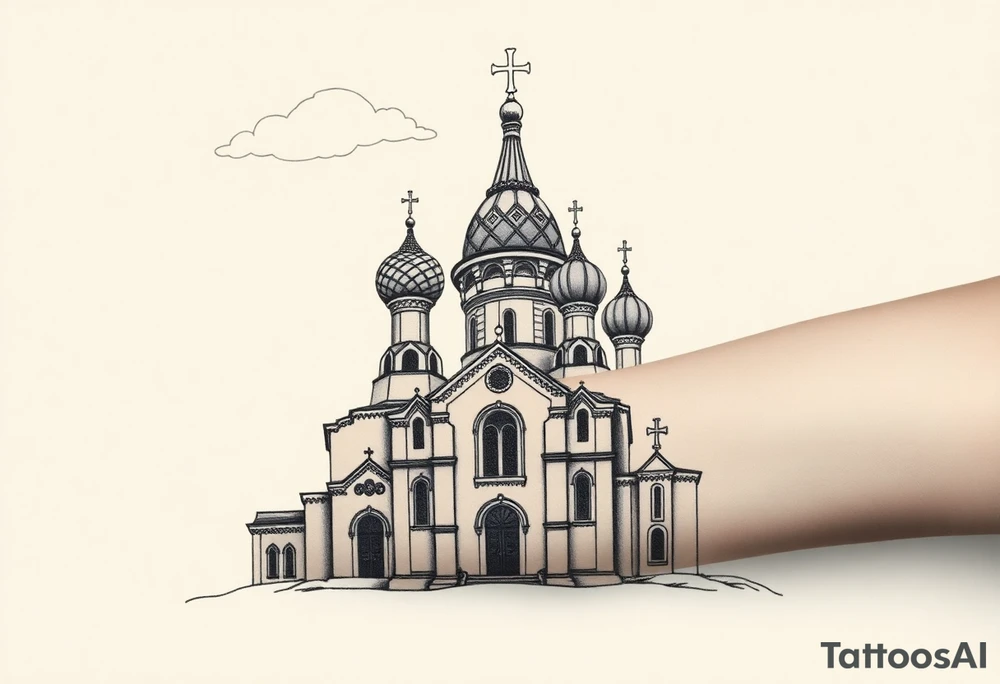 highly detailed Russian Orthodox cathedral with onion domes and orthodox crosses, done in fine line, engraving-like style. Cohesive composition, black ink only, no color, high contrast, slightly aged, documentary-style, plain light background. with clouds above it and a virgin mary over looking tattoo idea