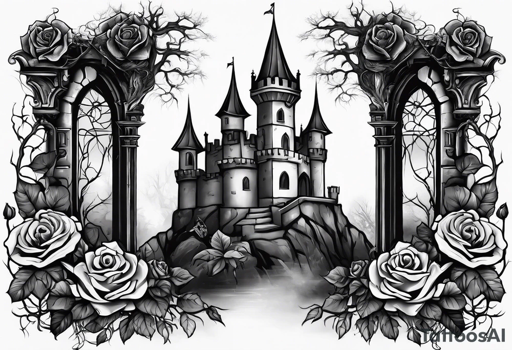 tattoo fool sleeve, destroyed dark gothic castle, tree roots break out of the chains, broken mask, roses tattoo idea