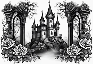 tattoo fool sleeve, destroyed dark gothic castle, tree roots break out of the chains, broken mask, roses tattoo idea